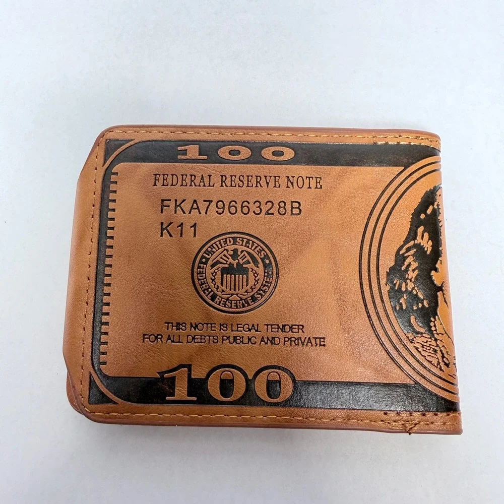 Mens 100 Dollar Bill Print Bifold Wallet Tan Faux Leather Snap Closure Novelty